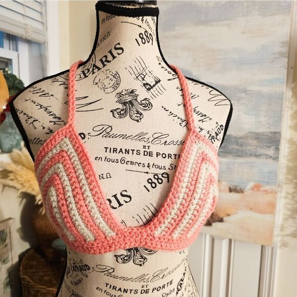 New Handmade Knitted Pink & Beige Crochet Boho Summer  Bra Top - Picture 1 of 13